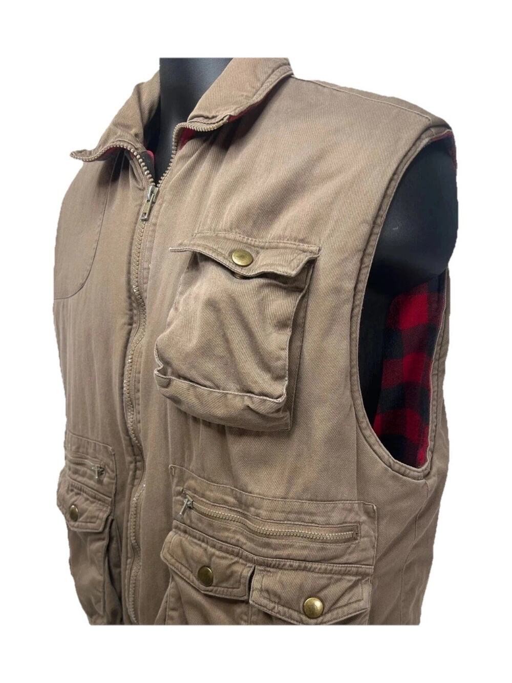 Vintage Hunting Fishing Vest Red Black Buffalo Plaid Ozark Trail 90s Men's L